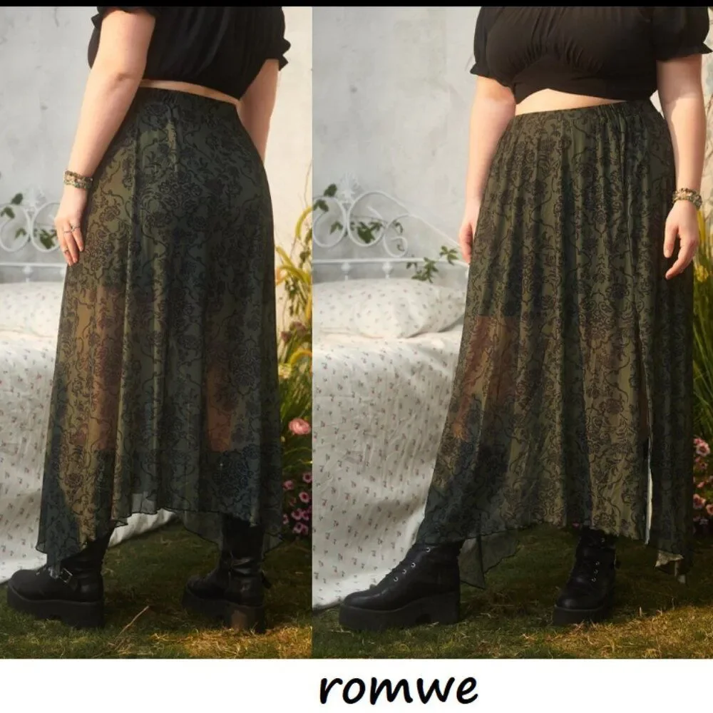 Hippie Floral Print Split Thigh Skirt - L